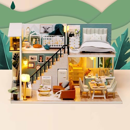Image of TuKIIE DIY Miniature Dollhouse Kit with Furniture, 1:24 Scale Creative Room Mini Wooden Doll House Accessories Plus Dust Proof & Music Movement for Kids Teens Adults(Comfortable Life)