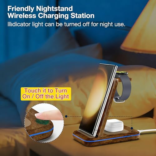 Image of Wireless Charger for Samsung /Android, HOLYJOY Foldable 3 in 1 Fast Charging Station /Stand /Multi Charger for Samsung S25 Ultra /S24 /Note 20, Travel Pad for Galaxy Watch 8 /7 /6 /5 /Active 2, for Buds(Wood)