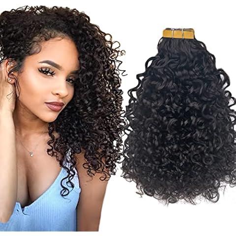 NIAWIGS Curly Tape In Hair Extensions Human Hair For Black Women Kinky Curly 3B Tape On Hair Eaxtensions 40pcs Tape Ins 18 Inches 100 Gram Cover