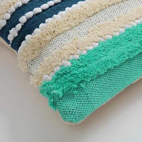 Image of TIB Premium Boho Decorative Throw Cushion Covers, 16 x 16 cm, Set of 2, Cotton. (Cream & Blue)