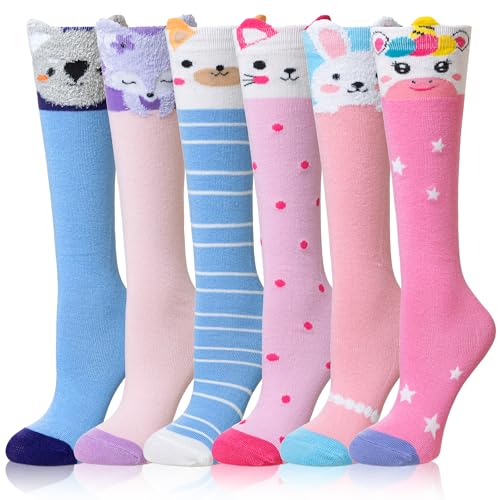Velice Girls Knee High Socks Kids Long Boot Crazy Silly Tall Fun Gift Cute Animal Cotton Long Socks 6 Pairs(Animal B)
