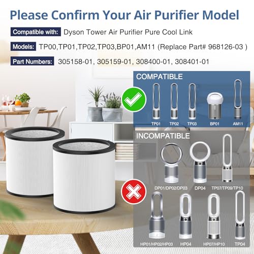 Upgraded TP01 Filter HEPA Replacement Filter Compatible with Dyson Tower Purifier Pure Cool Link TP01, TP02, TP03, AM11, BP01 Models, Compare to Part # 968126-03, 2 Pack