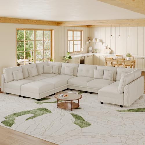 Image of LLappuil 163 inch Modular Sectional Sofa with Storage, U Shaped 10-Seat Pet-Friendly Corduroy Couch with 10 Throw Pillows, Oversized Convertible Sofa Set for Living Room & Large Space, Beige