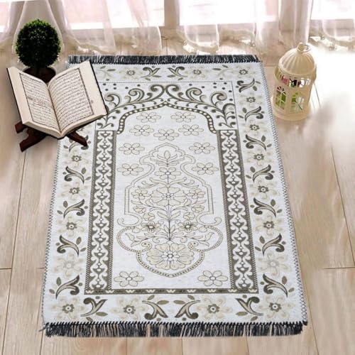 Image of Rectangular Velvet Floral Janamaz Mat | Prayer Mat /Meditation Janamaz For Namaz /Meditation Mat /Muslim| Size 27x50| Washable Soft Prayer Mat (White)