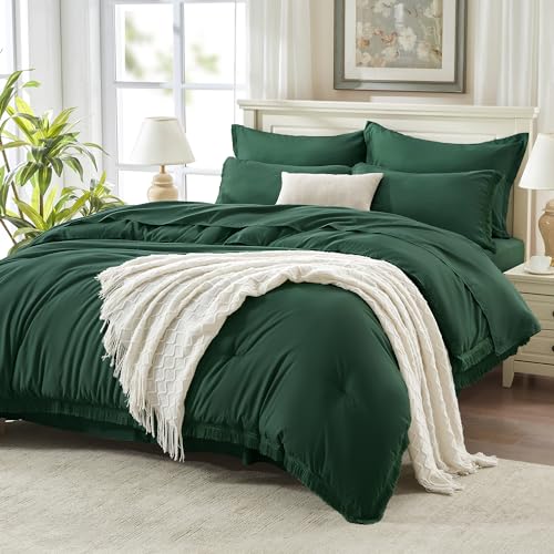Image of Andency Full Size Comforter Set with Sheets Dark Emerald Green -7 Pieces Bed in a Bag Boho Tassel Bedding Sets, All Season Fringe Bed Set with Comforter, Sheets, Pillowcases & Shams