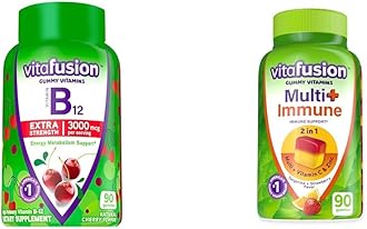 Vitafusion Extra Strength Vitamin B12 Cherry Flavored Gummy Vitamins 90 Count and Multi+ Immune Support Tangerine Strawberry Flavored Gummy Vitamins 90 Count Bundle