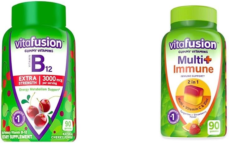 Vitafusion Extra Strength Vitamin B12 Cherry Flavored Gummy Vitamins 90 Count and Multi+ Immune Support Tangerine Strawberry Flavored Gummy Vitamins 90 Count Bundle