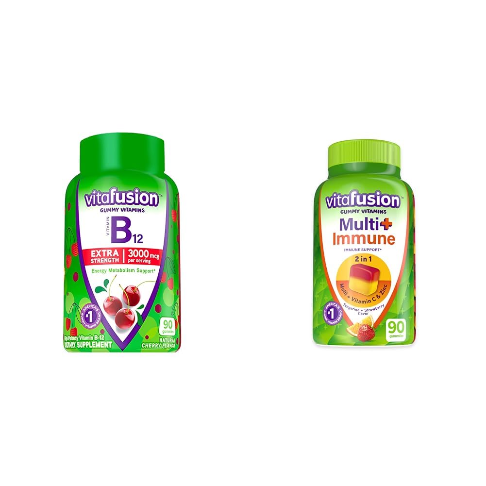 Vitafusion Extra Strength Vitamin B12 Cherry Flavored Gummy Vitamins 90 Count and Multi+ Immune Support Tangerine Strawberry Flavored Gummy Vitamins 90 Count Bundle
