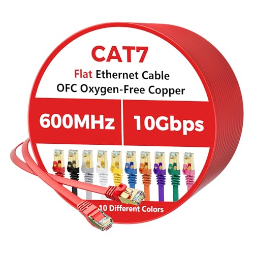 Cat 7 イーサネットケーブル 30フィート、フラット 10Gbps 高速インターネットコード、STPシールド、純銅、柔軟なCAT7 RJ45 LANネットワークケーブル、PC、ノートパソコン、PS5、Xboxモデム、ルーター、PoE、レッドケーブルに対応の商品画像（Amazon）
