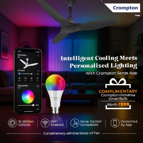 Image of Crompton New SilentPro Enso Senze 1200mm iOT BLDC Ceiling Fan | Premium Design | Wi-Fi, Bluetooth & Remote | Alexa & Ok Google |2x Low Noise |~50% Energy Savings | 4 Year Brand Warranty | Matte Black