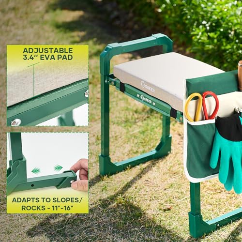 Image of Saker Garden Kneeler and Seat Foldable Gardening Stool with Extendable Legs & Thickened Pad, Tool, Heavy Duty 400lbs Support for Elderly, Gardening, Outdoor Use