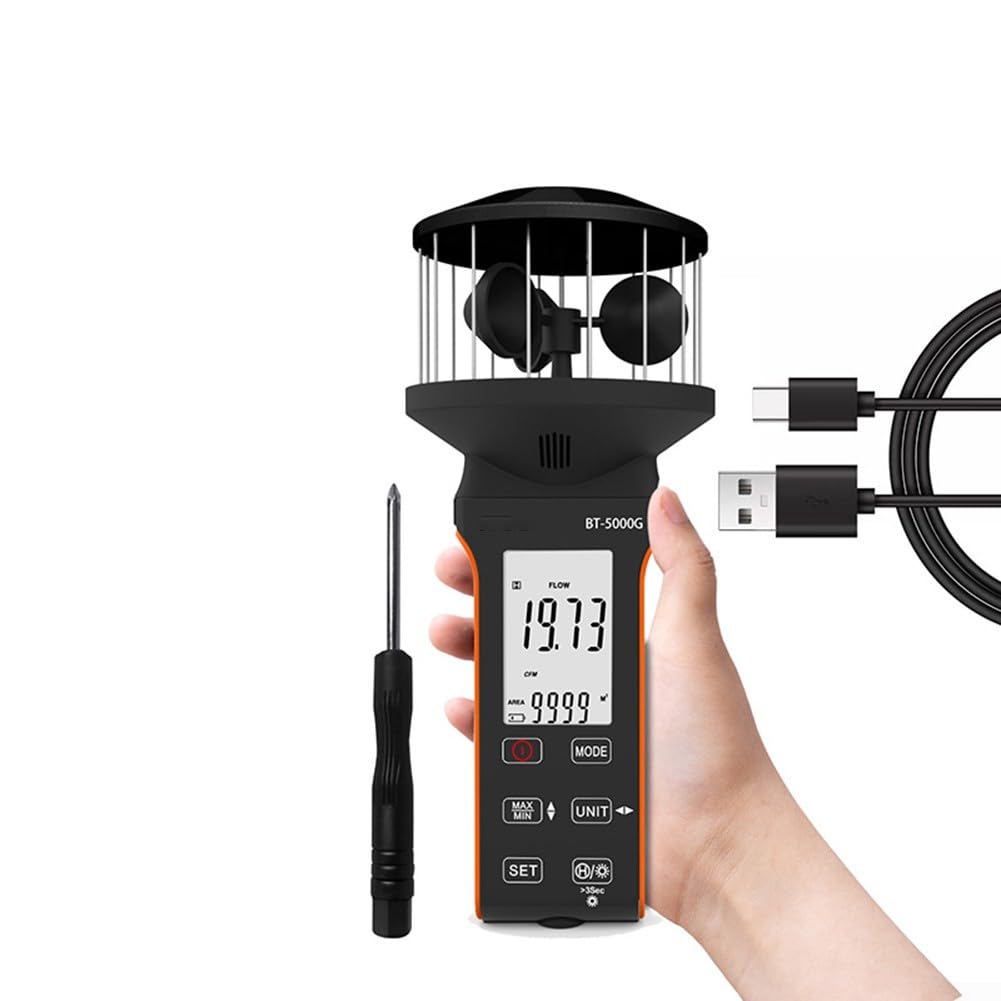 Anemómetro digital de copa BT-5000G con carga USB C – Medidor de viento para m/s, nudos, km/h, medidor portátil para vela, escalada, deportes al aire libre – Negro Naranja 203 x 87 mm