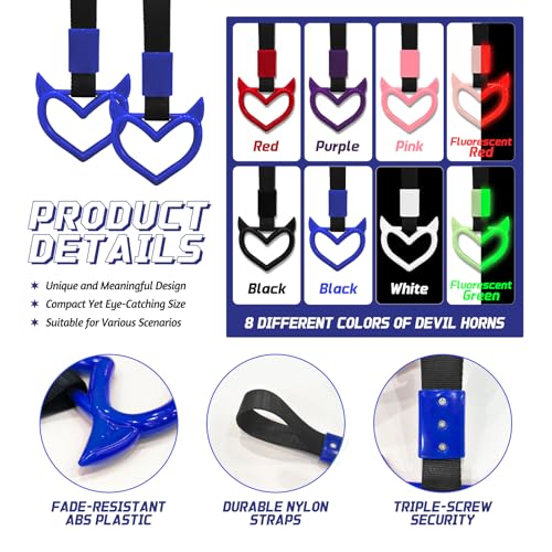 Image of 2 Pcs Devil Heart Shaped Car Handle Strap - JD M Drift Charm Rear Bumper Warning Ring Decor for Car Interior Exterior, Subway Bus Handle Accessory, Cute Heart Car Decor Gift (Blue)