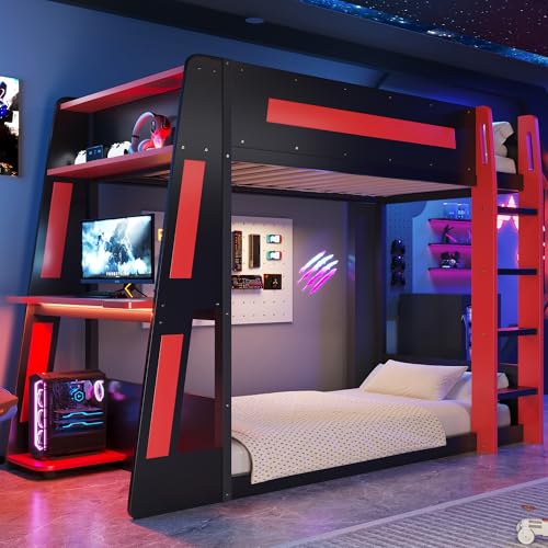 Image of GDFStudio Twin Over Twin Bunk Bed Frame with Desk, USB and LED Light, Solid Wood Gaming Bunk Twin Bed with Storage Shelves, High Loft Bed Twin Size with Under Entertainment Space, Black+Red