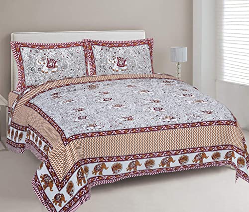 Image of Brand Elephant Printed Comfort Sleep 144 TC 100% Cotton King Size Double Bedsheet with 2 Pillow Covers, Coffee
