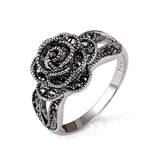 Rhinestone Black Flower Finger Ring For Women Brand Jewelry Vintage Style Size 7-9