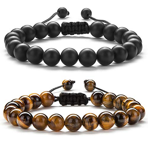 Hamoery Men Women 8mm Tiger Eye Stone Couple Bracelet Braided Rope Yoga Bead Bracelet Bangle (Set2)