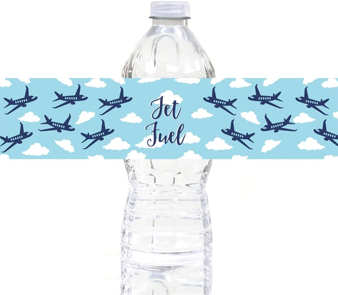 Andaz Press Blue Airplane and Clouds Birthday Party Collection, Water Bottle Labels, Jet Fuel, 20-Pack