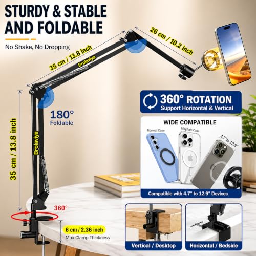Image of BROLAVIYA Overhead Video Mobile Stand, New Magnetic Bracket with Extra Long Arm, 1 /4 inch Head 2 Way Base clamp, Strong Magnet Compatible with iPhone and Smartphones for Home, Office