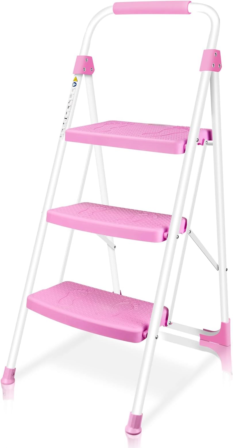 3 Step Ladder, Portable Folding Step Stool with Wide Anti-Slip Pedal, 500lbs Sturdy Steel Ladder, Convenient Handgrip, Lightweight for Household, Kitchen, Office