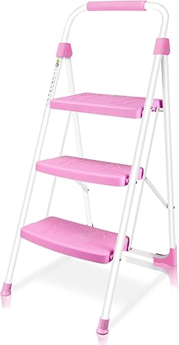 TOOLITIN Escalera de 3 escalones, taburete plegable con pedal antideslizante ancho, escalera de acero resistente de 500 libras, mango cómodo,