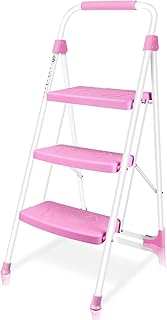 3 Step Ladder, Portable Folding Step Stool with Wide Anti-Slip Pedal, 500lbs Sturdy Steel Ladder, Convenient Handgrip, Lightweight for Household, Kitchen, Office