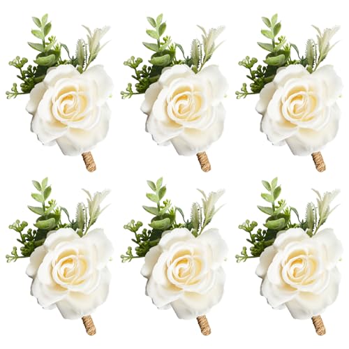 Gvhntk Ivory Rose Boutonniere for Men Wedding Set of 6 Groom Groomsmen Best Man Artificial Flowers Boutonniere for Wedding Ceremony Anniversary Prom Flowers Formal Dinner Party (6, image 3