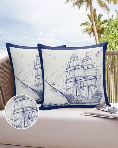 Boanket Outdoor Pillow Covers 16 x 16 in, Navy Blue Nautical Waterproof Throw Pillow Cover Set of 2, Beach Ocean Coastal Seaside Sailboat Home Decorative Square Cushion Covers for Patio/Couch/Garden