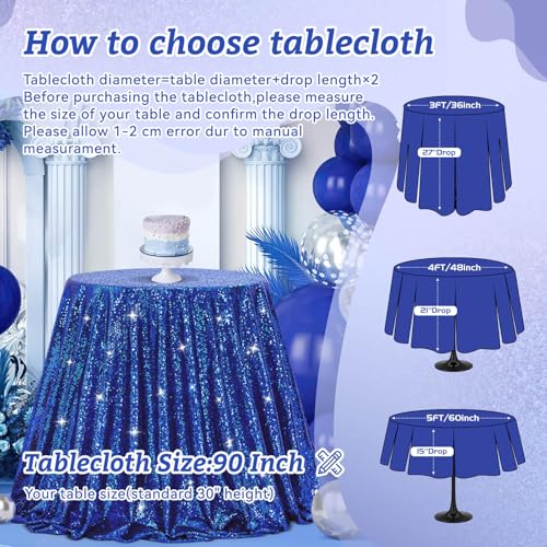 Image of B-COOL Round Sequin Tablecloth Sparkle Party Decorations: 90 Inch Table Cloth Royal Blue Sequin Fabric Overlay for Indoor Outdoor Dining Parties Home