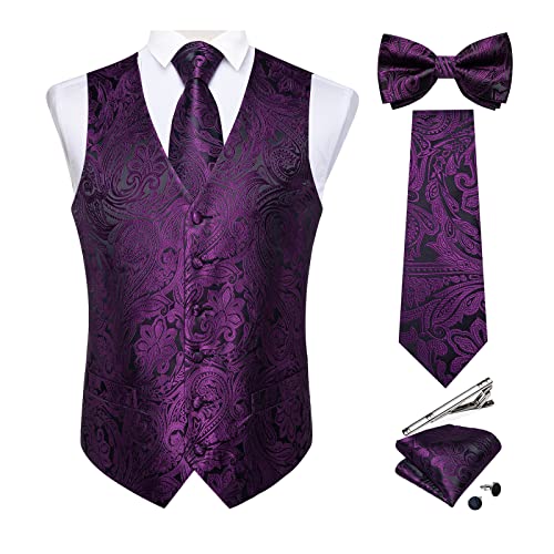 DiBanGu Mens Purple Paisley Vest and Necktie Set 6PCS Pre-tied Bow Tie Silk Formal Waistcoat for Wedding Party Purple M