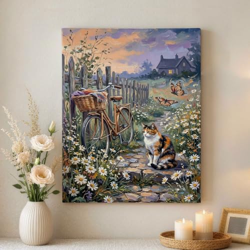 Lienzo de gato contra paredes aburridas: decoración floral vintage lista para colgar
