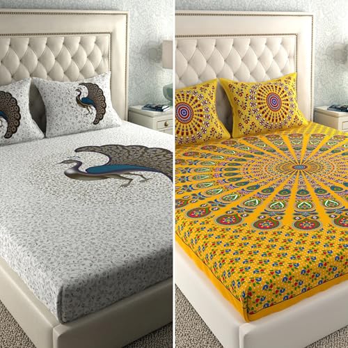 Image of LA VERNE Combo Pack of 2 Double Bedsheet with 4 Pillow Covers | Cotton Double Flat 104 TC Jaipuri Prints Bedsheet 240 X 220 CM