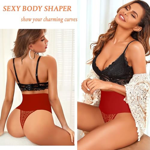 Image of Werena Tummy Control Thong Shapewear for Women Mid High Waisted Body Shaper Underwear Lace Shaping Thong Girdle Panties(#A1 Mid Rise Red,Small)