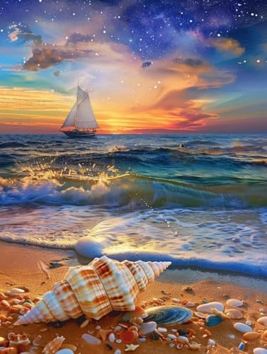 Diamond Painting Plage 5D grand format 80x110cm avec kit complet broderie diamant conque de mer