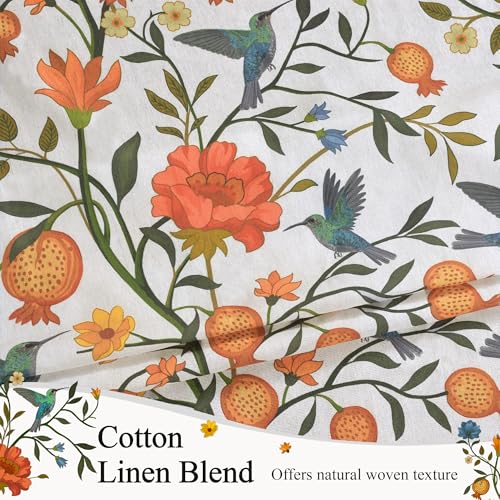 Image of JOOJA 54 Inch Boho Floral Curtains Tropical Bird Print Linen Semi Sheer Window Drapes for Kitchen, Bedroom, Bathroom, Living Room, Dining Room, White