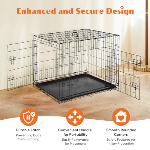 Image of Sweetcrispy Dog Crate 48 Inch, Medium Large Dog Cage, Foldable Pet Kennel | Double Door, Metal Kennel, Secure Lock, Removable Tray, Indoor Outdoor Training Travel