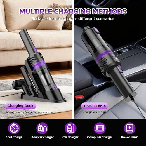 Image of Handheld Vacuum Cordless Rechargeable 2-Speed Modes| 3-in-1 Portable Cordless Vacuum Cleaner with Charging Dock, for Car Home Office and Pet Hair (Purple)