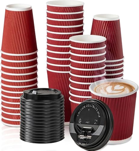 Cherypick Pappbecher mit Deckel 240 ml 30 Stück Kaffeebecher To Go 3-lagig mit Ripple-Wall hitzeschützend und auslaufsicher Einweg Pappbecher für Kaffee und Heiß- & Kaltgetränke (Rot)