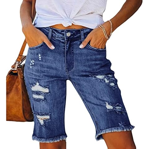 LONGYIDA Womens Jean Shorts High Waisted Denim Bermuda Shorts Ripped Distressed Knee Length Stretch Denim Jean Short(Dark Blue,S) Cover