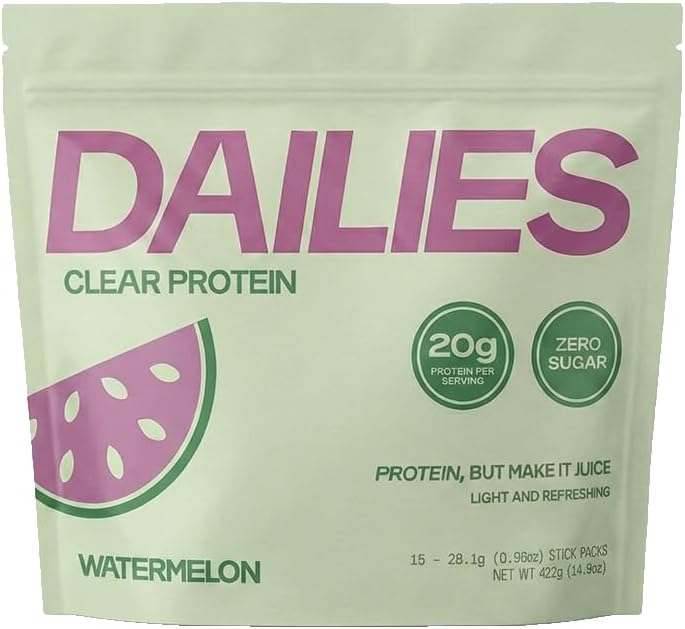 DAILIES Clear Protein Powder, Sugar Free Watermelon Flavor, 20g Whey Isolate & 100 Calories per Serving, Light & Refreshing Protein Shake Drink Mix for Pre or Post Workout, 15 On the Go Stick Packs