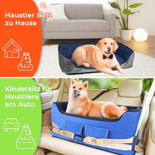 Babenest Hunde Autositz, Sehr Stabiler Mehrere Haustiere Auto Erhöhter mit Sicherheitsgurt für Mittlere Hunde, Faltbare Waschbarer und Große Kapazitäter Auto Hundekorb für Rücksitz (Blue, L)