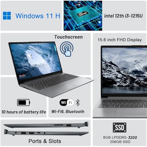 Image of Lenovo Ideapad 1i 15.6 inch Touch Laptop, Intel Core i3-1215U, 15.6'' FHD Touchscreen Display, 8GB RAM, 256GB SSD, Intel UHD Graphics,Wi-Fi, HDMI, Windows 11 Home, Cloud Gray (Renewed)