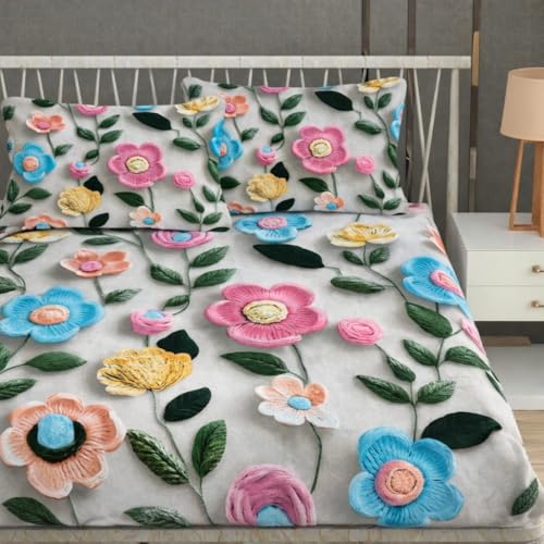 Image of RUMPS 380 TC Premium Heavy Cotton 7D Print Fast Colour Feel Elastic Fitted Floral Bedsheet King Size with 2 Pillow Covers || (lighit White, Fitted - 72 inchx78 inch King)