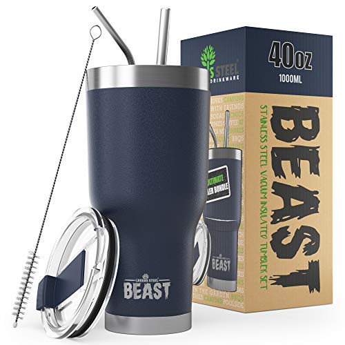 BEAST 40oz Navy Blue Tumbler - Stainless Steel Insulated Coffee Cup with Lid, 2 Straws, Brush & Gift Box by Greens Steel