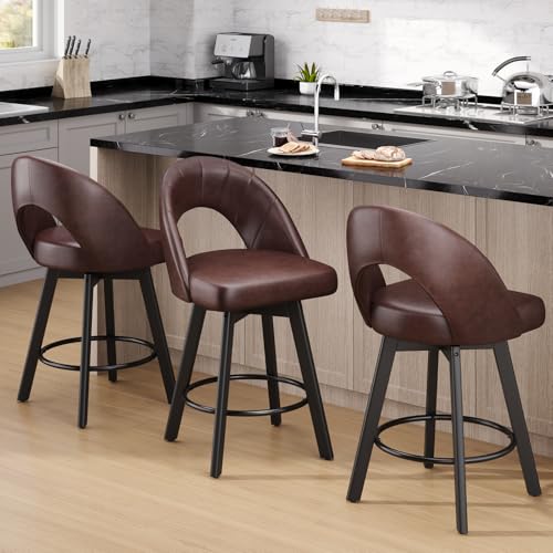 Image of YaFiti 24 inch Counter Height Bar Stools Set of 3, Bar Stools with Ergonomic Curved Back, Faux Leather Seat & Solid Wood Legs, Saddle Brown