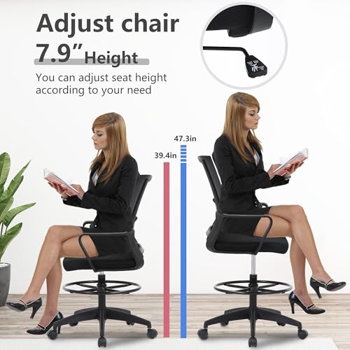 Mesh Ergonomic Drafting Chair - Tall Office Chair for Standing Desks with Lumbar Support, Adjustable Foot - Tall Office Chair for Standing Desk (Black) - Thumbnail 4
