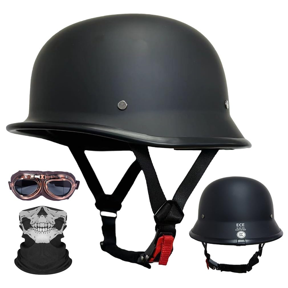 Halbschalenhelm Motorrad Halbhelme Mit Maske und Brille ECE Zertifiziert Motorradhelm Open Face Helm Schnellschnalle Weiche Kinnstütze Unisex/M~4XL 57~68CM