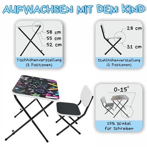 Kindertisch mit 2 Stühlen – Praktisches Spieltisch-Set für Kleinkinder – Klappbare und mitwachsende Kindersitzgruppe, Kindertisch mit verstellbarer Tischplatenneigung (Kreativ, weiß)