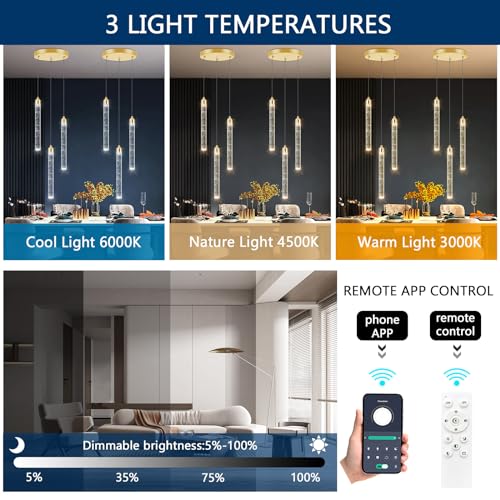 Image of Pendant Lights Kitchen Island Mini Chandelier Gold Pendant Light Crystal Light fixtures Adjustable Hanging Ceiling Hanging Lights Bubble Mini Crystal Ceiling Light for Dining Room Bedroom 2700K 6000K