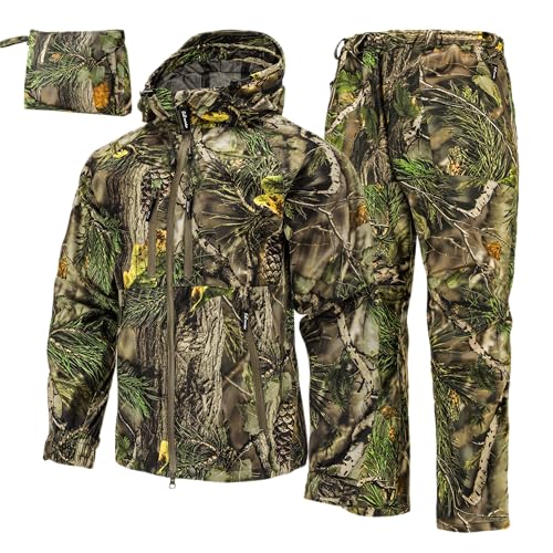 Full mundur Casaco de caça de camuflagem, calças de caça, impermeável, corta-vento, fato de chuva, Srping Green Camo, XL